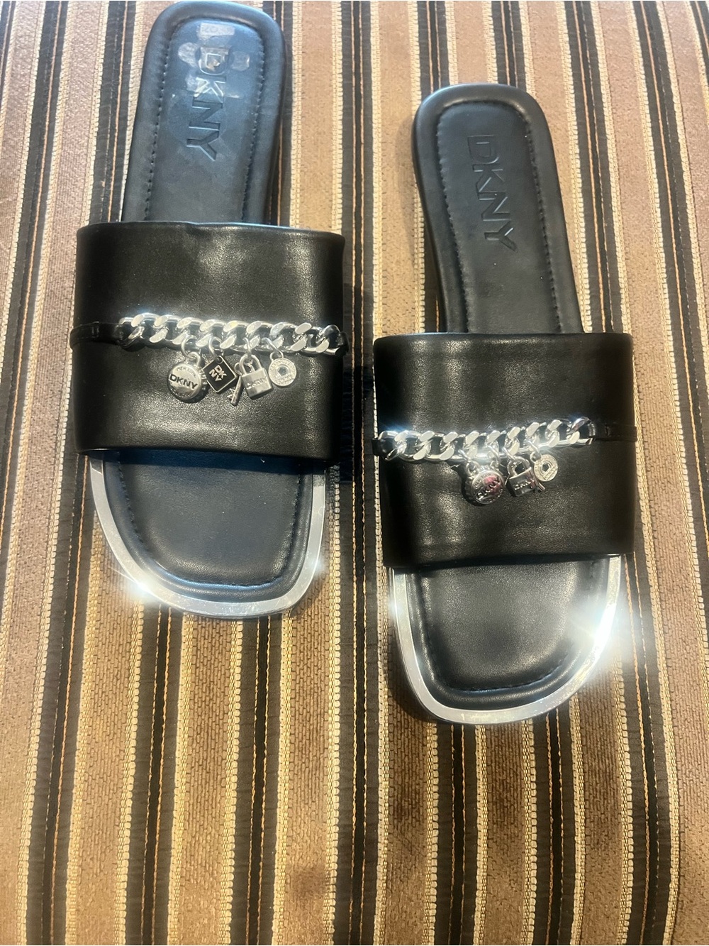 DKNY Black Slide Sandals with Silver Chain Charms